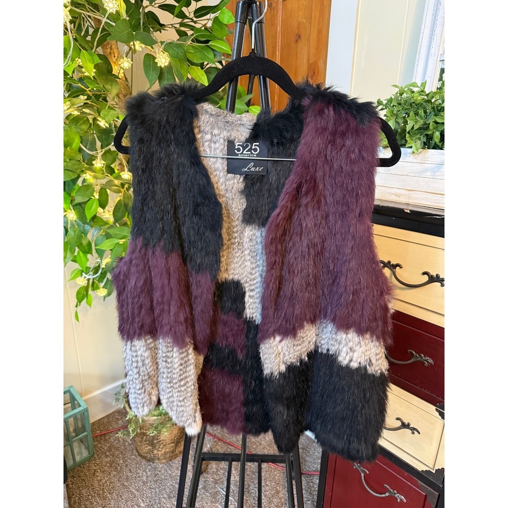 525 America Luxe Genuine Rabbit Fur Patchwork Vest Black Gray Burgundy Women's L